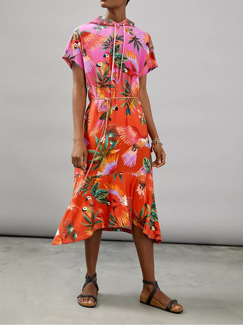 NWT Farm Rio Anthropologie Teresita Tropical Parrot Hooded Tunic Dress